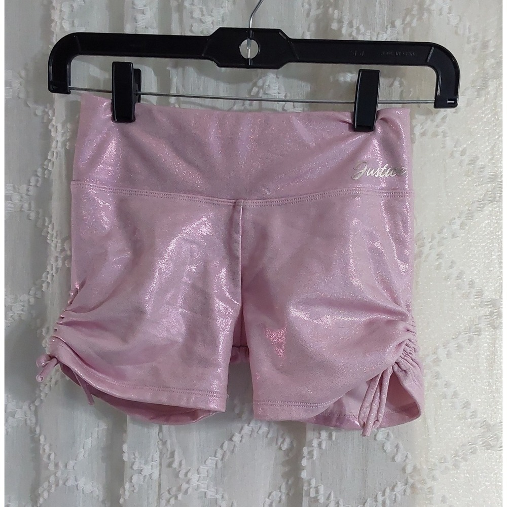 Justice Girls Metallic Pink Shimmer Cinched Dance Gymnastics Shorts SZ 10/12